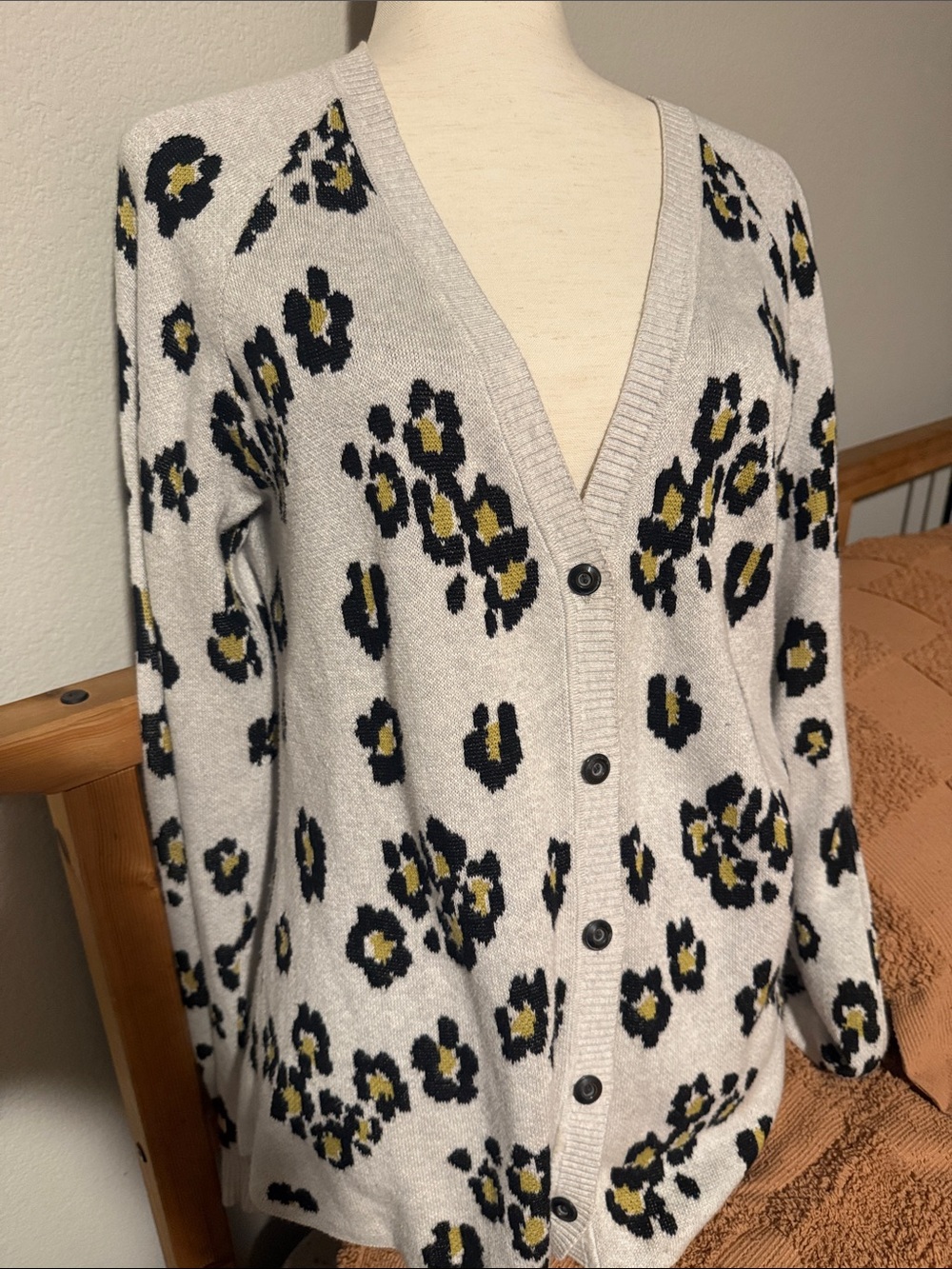 CAbi Light Gray Leopard-Print Button Cardigan with Black and Olive Accents